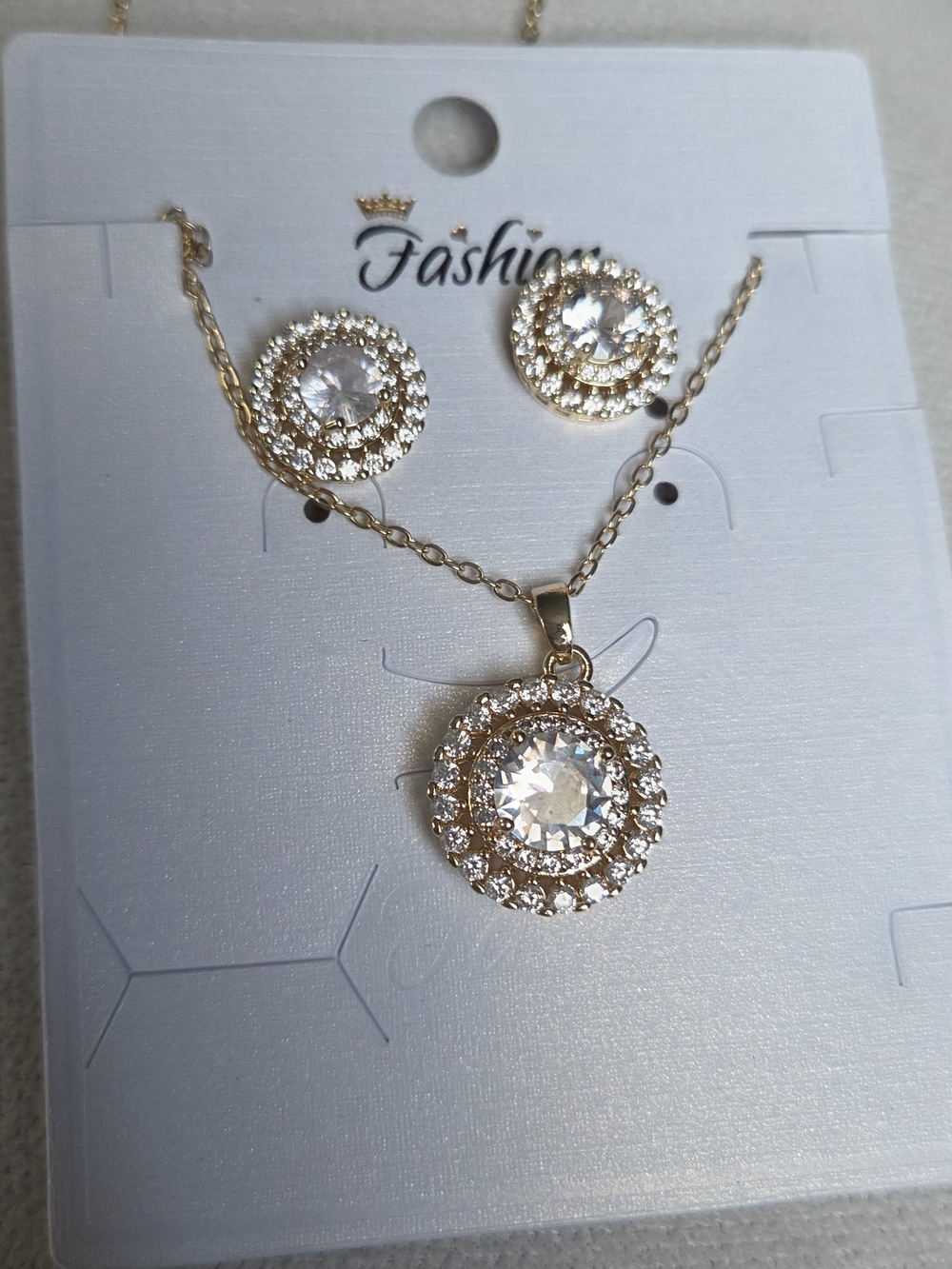 Fashion Jewelry Gold Crystal Halo Necklace and Stud Earring Set